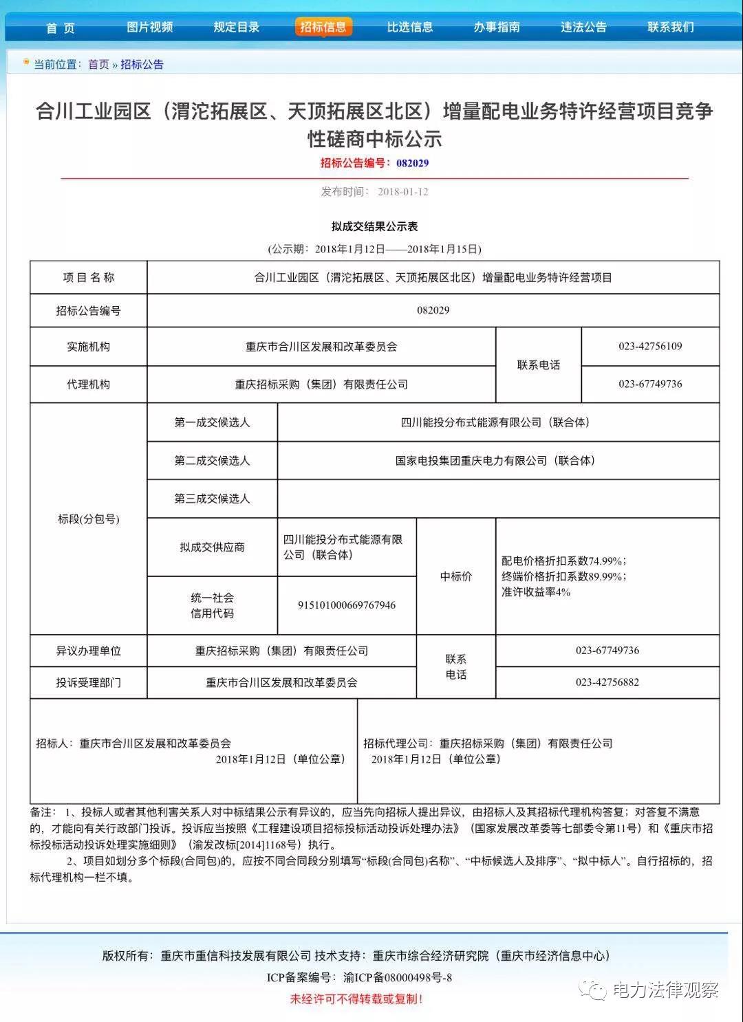 重慶合川增量配電項(xiàng)目?jī)?yōu)選結(jié)果，配電價(jià)下降25%，終端電價(jià)下降10%