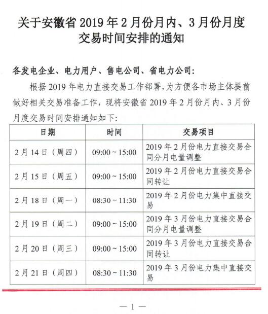  安徽2019年2月份月內(nèi)、3月份月度交易時間安排